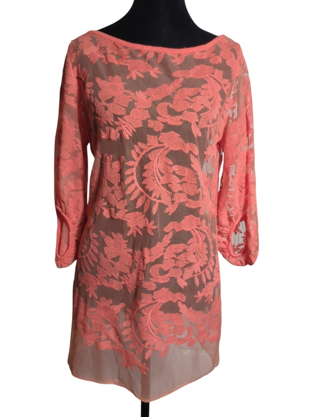 Context Lord & Taylor Coral Sheer Floral Embroidered Mesh Lace Dress Tunic S/P